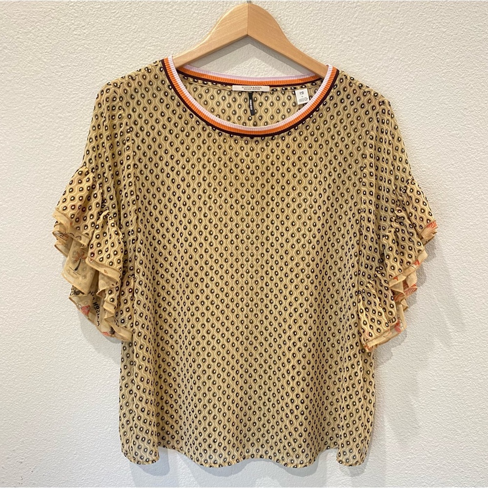 SCOTCH & SODA Maison Scotch Bamboo Beach silk ruffle sleeve sheer top, New